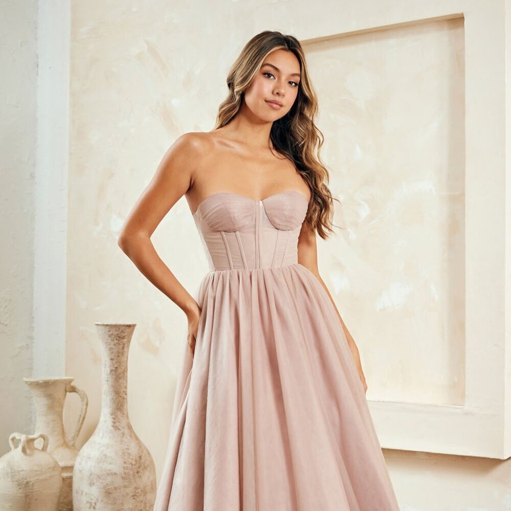 New Strapless Sleeveless Formal Midi Dress w/ Pleated Boned Bodice AC 6203S